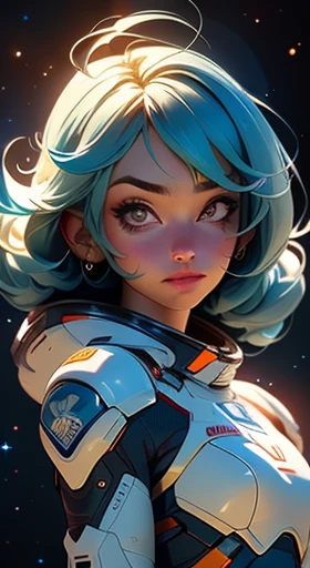 Uma mulher Melhor qualidade, detalhado, 4K, Foto CRU, obra de arte, detalhado face,, estrelas, planetas, Galaxy, space,, a photo of de calcinha flying e sutiã in space, cabelo azul, franja, cabelo longo, olhando para o espectador, 