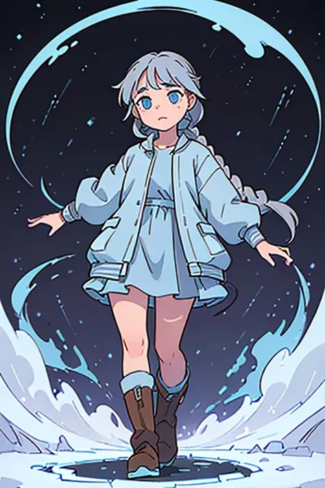 12 year old girl. Braided silver hair. blue eyes. wearing a pale blue dress . wearing brown winter boots. wearing grey pants. standing straight. arms at the side. facing forward.whole body can be seen. cosmic background.