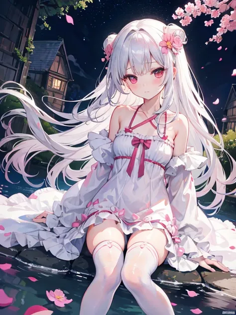 (sitting),(bow),(silver hair),(long hair),(light red eyes),hreat in the eyes,(white fourpetal flower hair ornament:1.1),(blush),bangs,(a girl in[(nightdress):(((no socks))):0.4]:1.2),(bare shoulder),collarbone,(white thighhighs:1.2),frilled sleeves,looking...