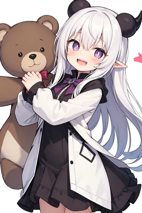 drgremory, 1girl, bear, bow, hair_between_eyes, holding_stuffed_toy, long_hair, looking_at_viewer, open_mouth, pointy_ears, purple_eyes, pink pupils, sharp_teeth, simple_background, sleeves_past_wrists, smile, teddy_bear, white_background, white_hair, whit...