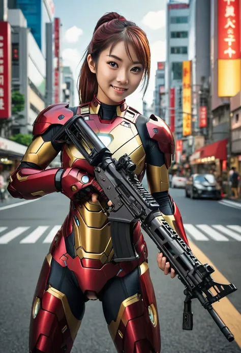 asian theme, raw color photo, long photo, realistic, 21 year old solo woman, ponytail in the city, wearing an ironman costume. b...