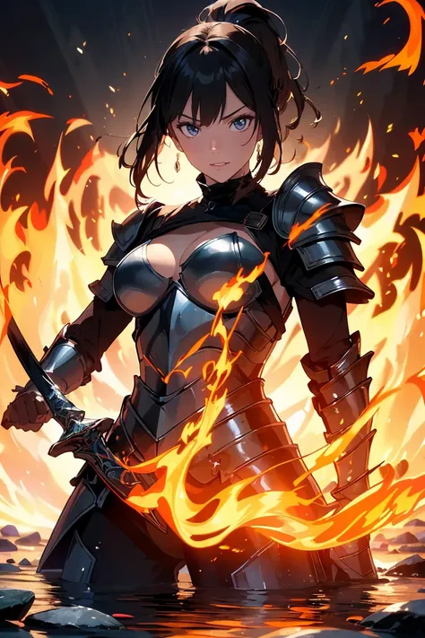 highest quality, Super detailed, (ultra high resolution,8K), Ultra-high definition 4K, (perfect anatomy, anatomically accurate), (One woman with big breasts has sexy charm), (Paladin), (Beautiful armor of flame that covers the whole body:1.6), (sharp look)...