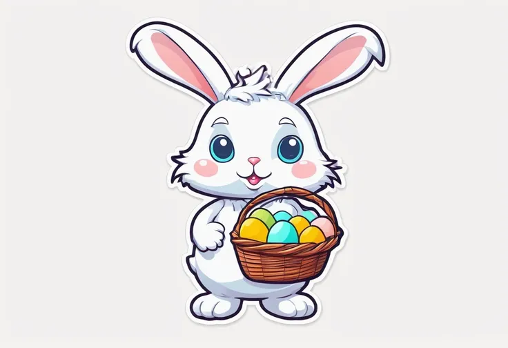 an animeshny anthropomorphic easter bunny with a basket of colored eggs. simple two-dimensional graphics in the style of sticker...