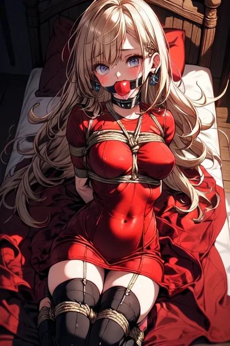 Shiny blond hair, very long hair, sophisticated haircut, ((((hair fully braided)))), ((small twisted braids)), thin and oval face, submissive, (((detailed ball-gagged:1.3))), ((((gagged)))), (((((very transparent red dress:1.7))))), ((((we can see her skin...