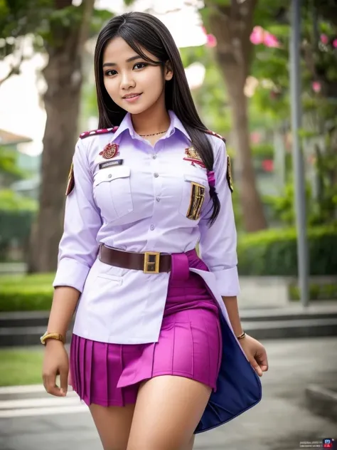 Beauty Indonesian woman in student uniform, beauty big breast, show pubic hairs, vivid colors, bokeh