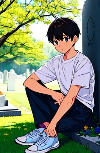 simple strokes: a boy sitting looking at a small tombstone holding flowers wearing a short-sleeved shirt and pants and sneakers on a sunny day