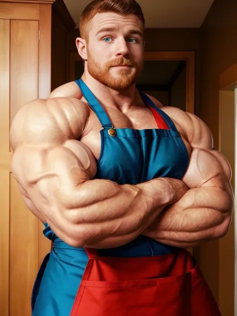 ginger daddy with blue/green eyes, very gorgeous man, very handsome man, very beautiful man, very masculine face, bursting with muscles, gigachad muscles, lean but muscular, ripped, proportionally enormous pecs, (crossing arms:1.5), arms crossed, big packa...