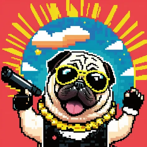 Bitcoin Mark Lots Pug Dog Sunglasses Famicom Style Pixel Art Space Pixel Art