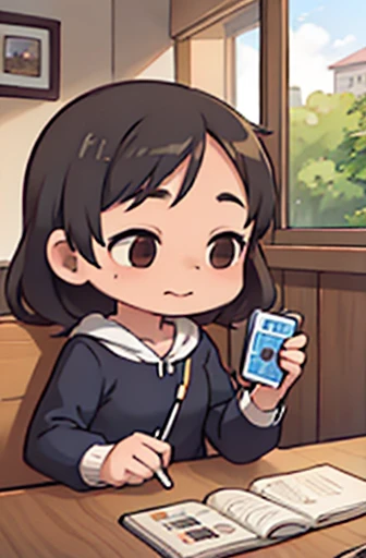 a girl holding a cell phone inside a very cozy cafe drinking tea and eating an orange pie 