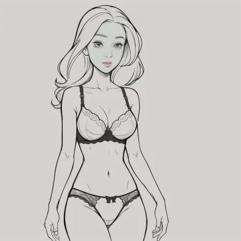 Coloring book for adults. Only black and white. low detail only main line. gorgeous, beautiful, sensual and erotic woman with medium breasts. The breasts are covered by transparent bra. (very tight and transparent panties and bra detailing all your body). ...