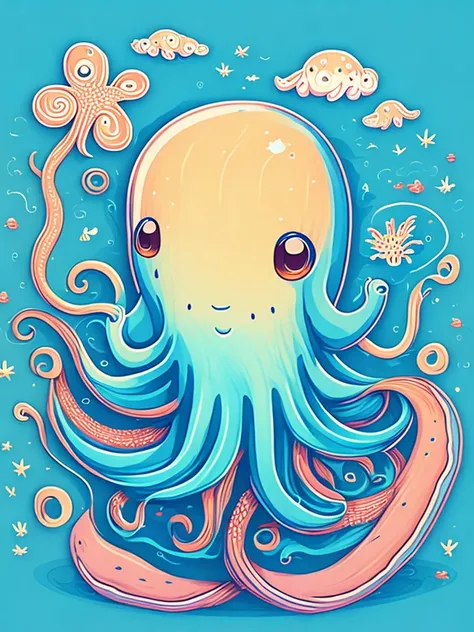 marine animal, the funny octopus, children's book illustration style, high qulity, vector art, lineworks, sticker