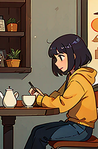 a girl holding a cell phone inside a very cozy cafe drinking tea and eating an orange pie