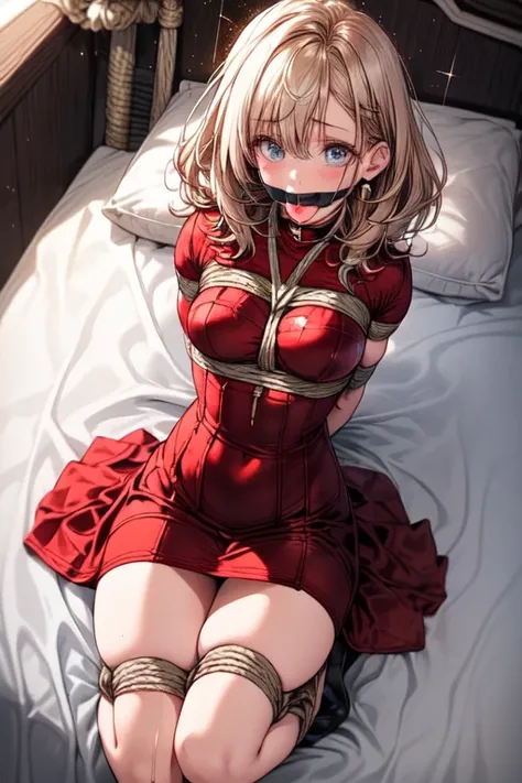 Shiny blond hair, very long hair, sophisticated haircut, ((((hair fully braided)))), ((small twisted braids)), thin and oval face, submissive, (((detailed ball-gagged:1.3))), ((((gagged)))), (((((very transparent red dress:1.7))))), ((((we can see her skin...