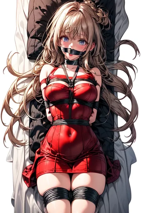 Shiny blond hair, very long hair, sophisticated haircut, ((((hair fully braided)))), ((small twisted braids)), thin and oval face, submissive, (((detailed ball-gagged:1.3))), ((((gagged)))), (((((very transparent red dress:1.7))))), (((((we can see her ski...