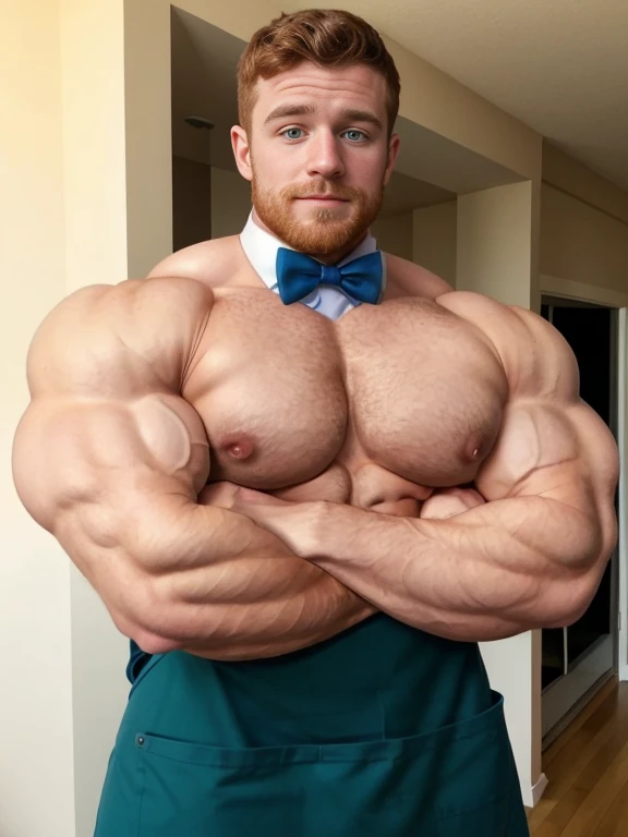 ginger daddy with blue/green eyes, very gorgeous man, very handsome man, very beautiful man, very masculine face, bursting with muscles, gigachad muscles, lean but muscular, ripped, proportionally enormous pecs, (crossing arms:1.5), arms crossed, big packa...