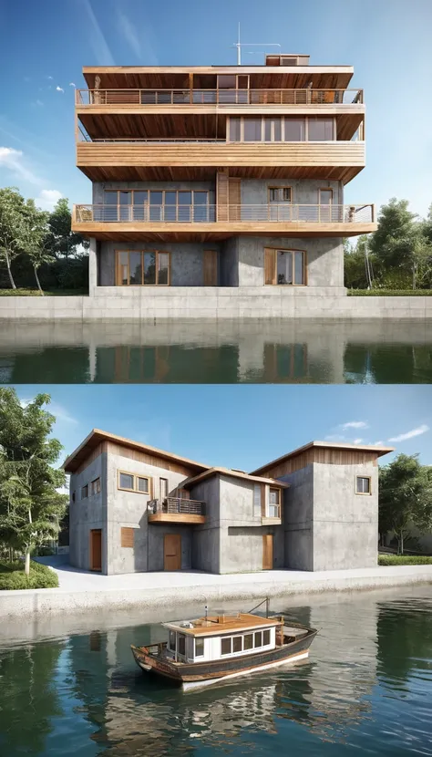 architecture building, two storey residential building, designed based on a fishing boat, wood and cement, realistic, whole building perspective 