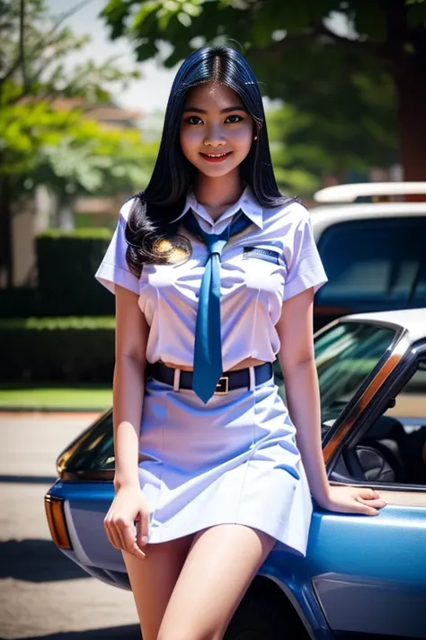 beauty indonesian woman in student uniform, beauty big breast, show pubic hairs, vivid colors, bokeh