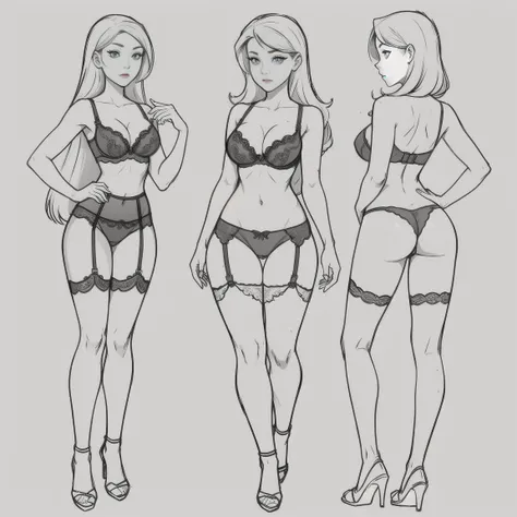 Coloring book for adults. Only black and white. low detail only main line. gorgeous body, wide hips, beautiful, sensual and erotic woman with gosgeous medium breasts. The breasts are covered by transparent bra without cups reveling your nipples. (very tigh...