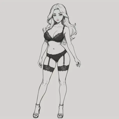 Coloring book for adults. Only black and white. low detail only main line. gorgeous body, wide hips, beautiful, sensual and erotic woman with gosgeous medium breasts. The breasts are covered by transparent bra without cups reveling your nipples. (very tigh...