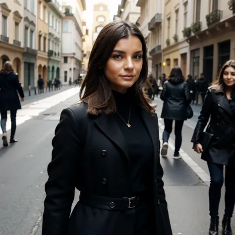 Photo très réaliste dune jolie jeune femme italienne avec de longs cheveux bruns lisses portant une  jupe noire pendant la Fashion Week de Milan 