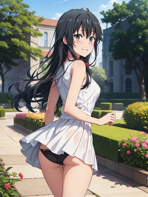 ((masutepiece, Best Quality, hight resolution, nffsw, Perfect Pixel, depth of fields, 4K, )), 1girl in, Solo, , Beautiful anime girl, Beautiful Art Style, 
running:1.3, garden background, Looking back,
Perfect body, grin smile, lift skirt, show panties:1.3...