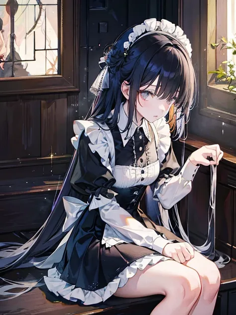 highly detailed wallpaper, Super detailed details, detailed shadow, very precise details, Very detailed 8k wallpaper, very fine 8KCG wallpaper,Old abandoned church. Sitting girl. Her long black dress is torn々Its dirty. Her black dull hair is long and hairy...