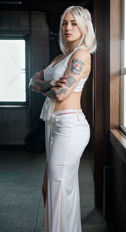 Beautiful white-haired tattooed shinobi girl, full-length, professional photo, soft lighting, ultra realism, high resolution, high detail, realism,