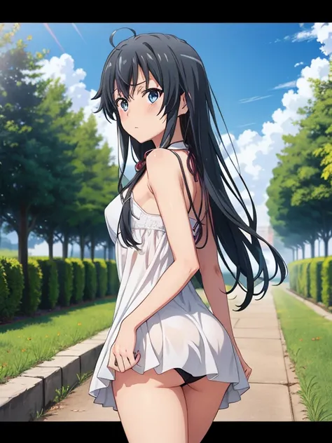 ((masutepiece, Best Quality, hight resolution, nffsw, Perfect Pixel, depth of fields, 4K, )), 1girl in, Solo, , Beautiful anime girl, Beautiful Art Style, 
running:1.3, garden background, Looking back,
Perfect body, serious face, lift skirt, show panties:1...