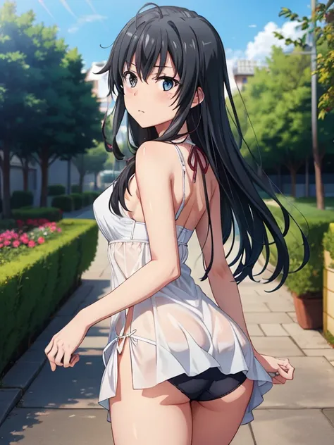 ((masutepiece, Best Quality, hight resolution, nffsw, Perfect Pixel, depth of fields, 4K, )), 1girl in, Solo, , Beautiful anime girl, Beautiful Art Style, 
running:1.3, garden background, Looking back,
Perfect body, serious face, lift skirt, show panties:1...