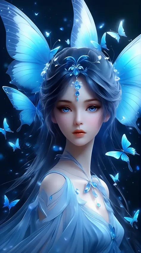 anime girl avec des ailes de papillon et une robe bleue tenant un papillon, beautiful digital art, beautiful gorgeous digital ar...