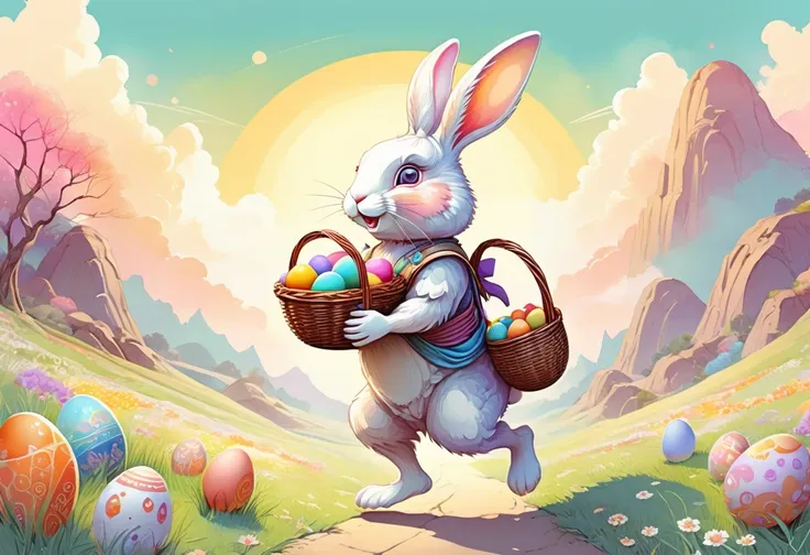 anthropomorphic easter bunny, carrying a basket filled with multicolored eggs, in the style of zen anime art, vector illustratio...