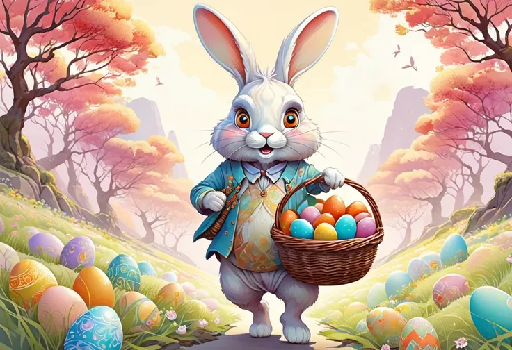 anthropomorphic easter bunny, carrying a basket filled with multicolored eggs, in the style of zen anime art, vector illustratio...