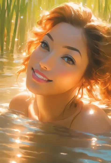 Close up portrait of Munmun Dutta bathing naked in a crystal clear river, reeds, (backlighting), realistic, masterpiece, highest quality, lens flare, shade, bloom, [[chromatic aberration]], by Jeremy Lipking, by Antonio J. Manzanedo, digital painting