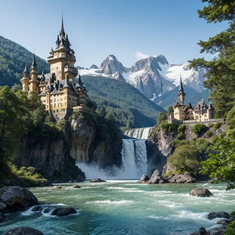 A grand castle with multiple spires and towers, built on a cliff surrounded by waterfalls, overlooking a lake with mountains in the background  a majestic palace with domed roofs and intricate carving waterfalls, overlooking a river with forests in the dis...