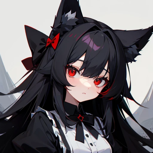 black fox girl , red eyes , black long hair , there are two white bow hair accessories on the head , black fluffy tail