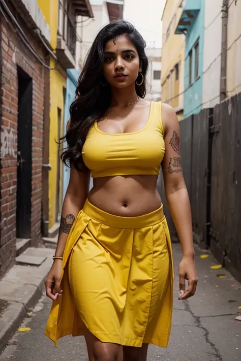 Portrait, indian girl wearing yellow top and skirt, big breasts, tattooed hands, looking straight at viewer, walking on alley, straight body, big belly, tattooed, black red wall background, sexy, dynamic pose, perfect anatomy, 8k, ultra realistic