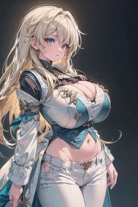 Ultra Detailed, 50mm, official art, unity 8k wallpaper, ultra detailed, aesthetic, masterpiece, best quality, photorealistic, 1girl, luocha, blonde hair, long hair, white coat, black shirt, white pants, blue ascot, blue armband, blue vest, narrow waist, dy...