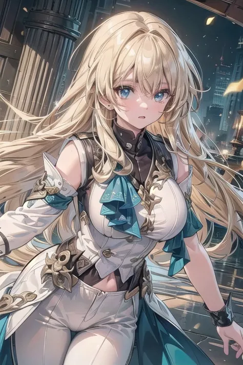 Ultra Detailed, 50mm, official art, unity 8k wallpaper, ultra detailed, aesthetic, masterpiece, best quality, photorealistic, 1girl, luocha, blonde hair, long hair, white coat, black shirt, white pants, blue ascot, blue armband, blue vest, narrow waist, dy...