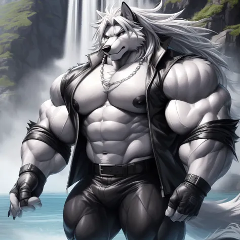 (upload on e621) (Masterpiece) (by Drks) (best quality) (ultra high res) 4K (8k HD) 2D (perfect anatomy) (digital art) (official art) (extreme detailed) (ultra detailed) (strapsanime) color (soft shading) (sharp focus) (waterfall background) 1man silver bo...