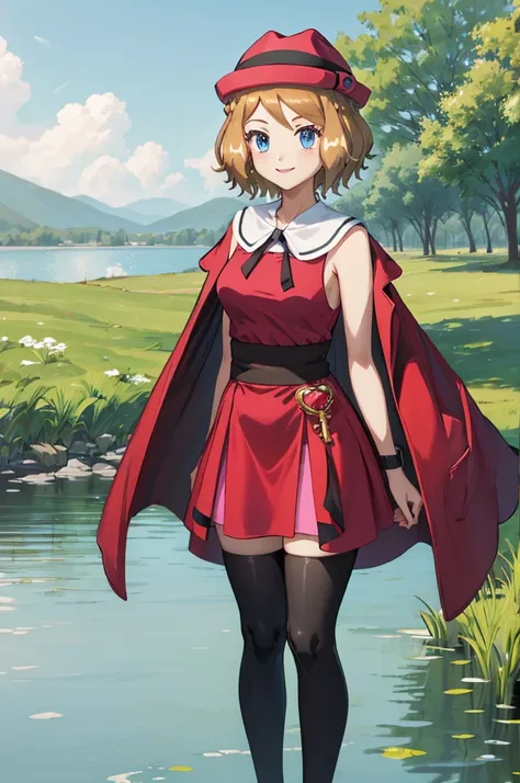 masterpiece, best quality, highres, serena (pokemon), short hair, blue eyes, 1girl, solo, blue ribbon, eyelashes, black thighs, neck ribbon, sleeveless, bangs, collarbone, bare arms, pink dress, red coat, pink hat, outdoor, standing by a lake, blushing, sm...