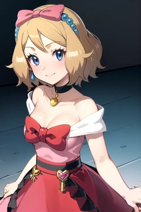 masterpiece, best quality, 1girl,serena (pokemon), short hair, blonde hair, blue eyes, eyelashes, black choker, hair bow, dress, collarbone, large breasts, upper body, smile, looking at viewer, solo, simple background 