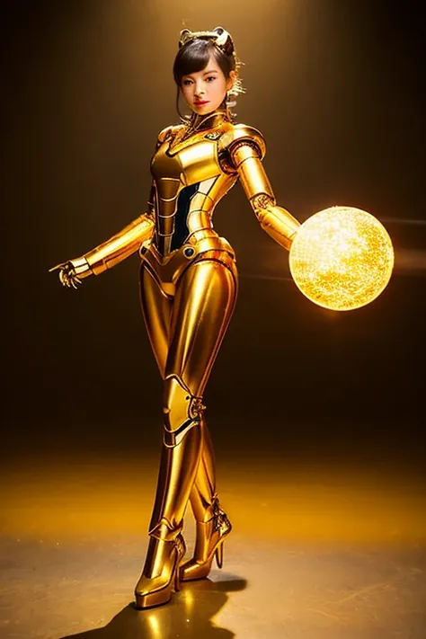 Full body golden robot woman posing,
 three people together,
 facing forward,
 Golden Jewelry, fairy skin,
 Gold and silver endoskeleton from the neck down,
 ball joint,
 futuristic iron man mech, 
 fascinating and charming,
 sexy 21 year old cool european...