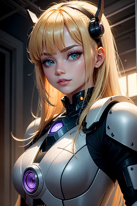 A robot girl ，Asia face，Golden hair，With bangs，hair tying up ，Big green eyes ，Look at the camera with a smile  ，quadratic element，She wears heavy sci-fi white armor，The lamp on the armor is purple ，Set in the ruins of a future war，There are also spaceships...