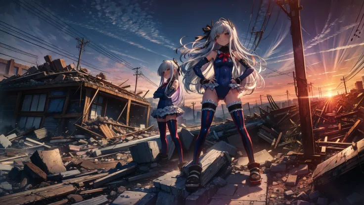 perfect anatomy, highest quality, rose,evil smile,provocative attitude
,(Girls greet dawn on top of a pile of rubble:1.1),evil smile,anime style,(ruffle swimsuit, Thighhighs, removed sleeve), (anime style:1.4) ,
silver hair,(white fingers:1.1,black gloves)...