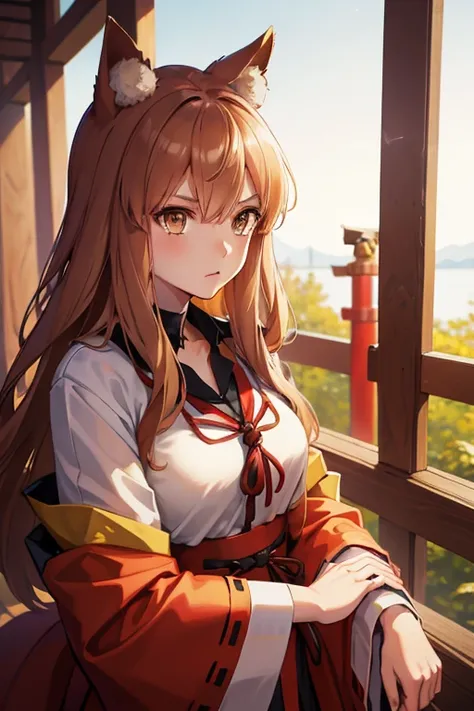 masterpiece, best quality, highresolution, 8k, 1girl, solo, japanese shrine, fate suzuka_gozen, brown hair, golden eyes, fox gir...