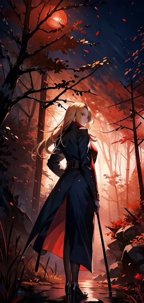 blonde woman，long coat，Rear view，silhouette，red forest，Red Moon，Red Night，