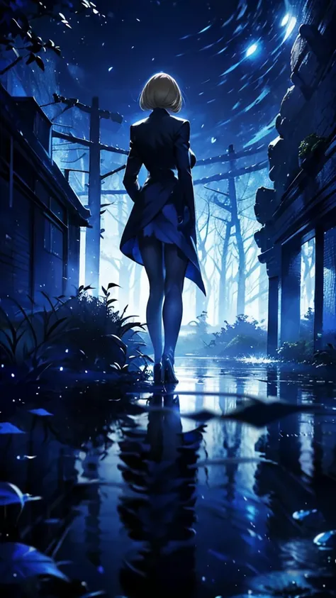 blonde woman，long coat，Rear view，silhouette，blue forest，blue Moon，blue night，