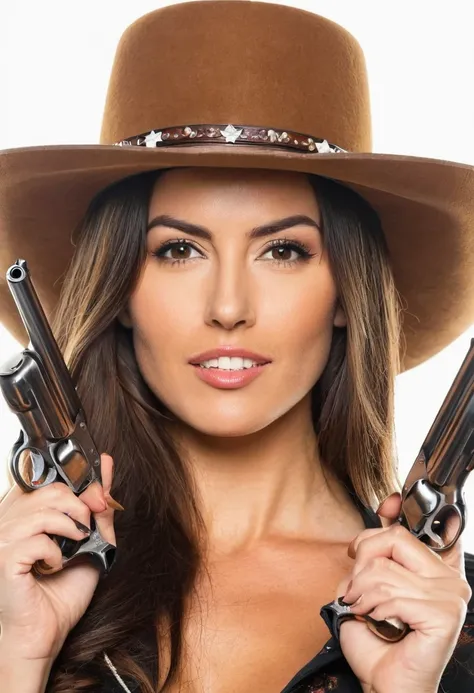 Brunette woman with long hair wearing a western hat holding two guns pointed upwards