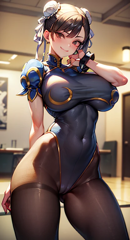 solo, masterpiece, best quality, agrias, grey sweater, black leotard, standing, looking at viewer, short hair,oculos,evil smile, evil look, chun li,luvas preta
