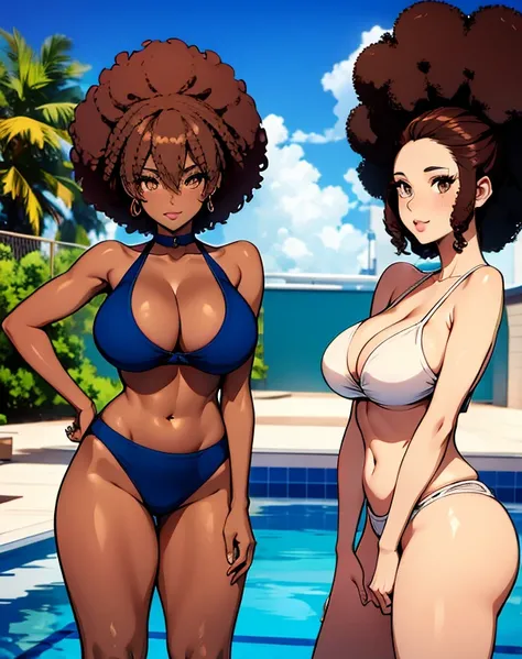 2 woman, dark skin, afro hair, pool, hair with acessories, brown hair, curvy